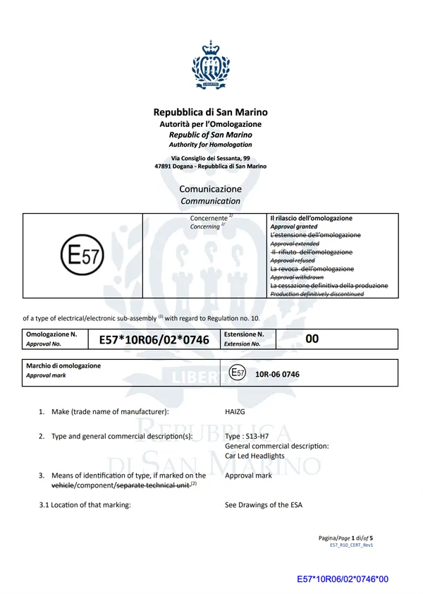 E-mark ECE regulation type approval certificate for automotive lighting